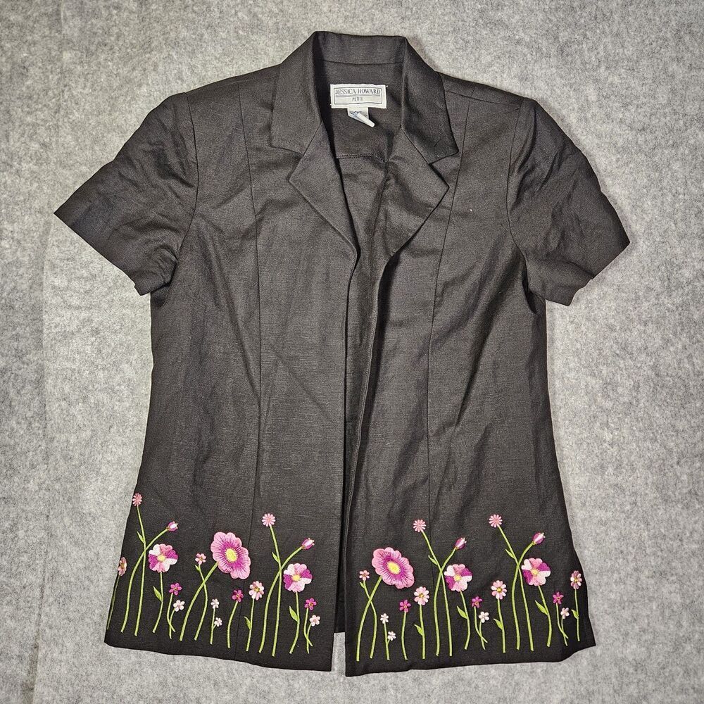 Jessica Howard Womens Black Floral Open Front Dark‎ Romantic Spring Shirt Sz 12P
